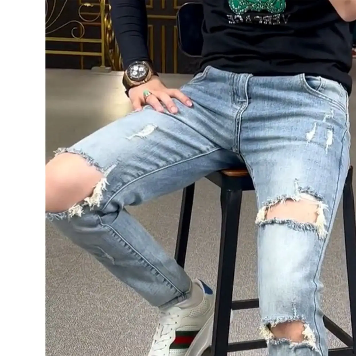 Scraped Knees Ripped Jeans Men's Trendy Brand Thin Spring 2025 New Light-color Beggar Pants Slim Leggings Korean Luxury Clothing