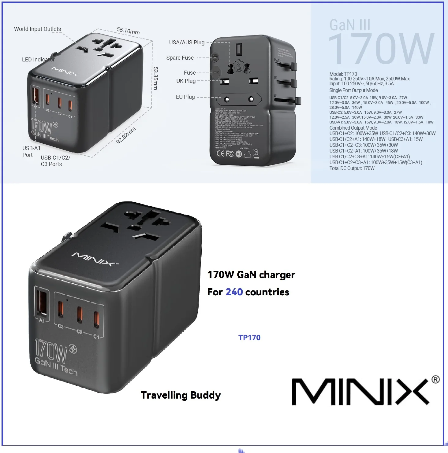 MINIX 170W Universal Travel Adapter GaN III Travel Charger Worldwide with 3 USB-C & 1 USB-A Ports, International Power Adapter