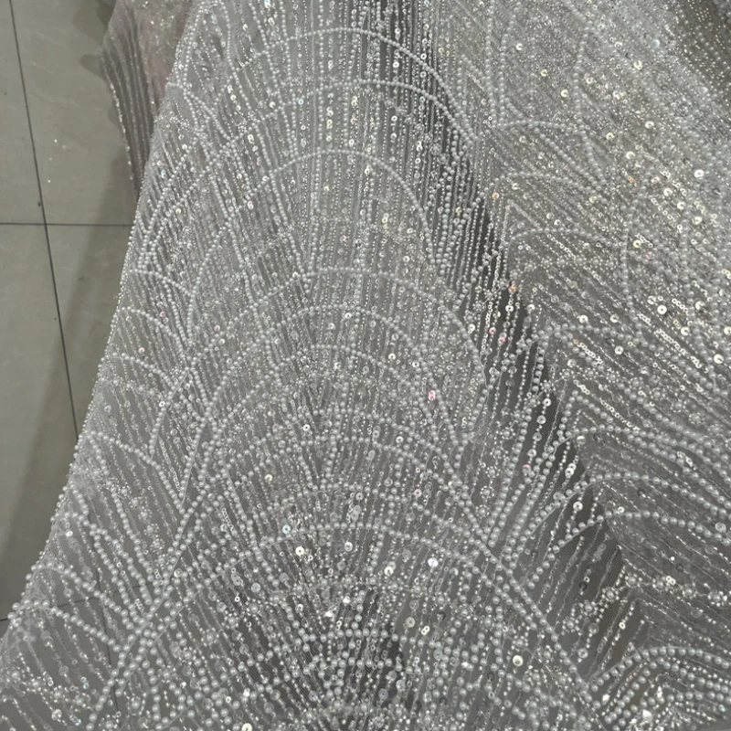 

Embroidered Lace Fabric Bead Sequin Mesh for Wedding Dress Show Clothing Designer Diy Sewing Material Cloth By The Meter