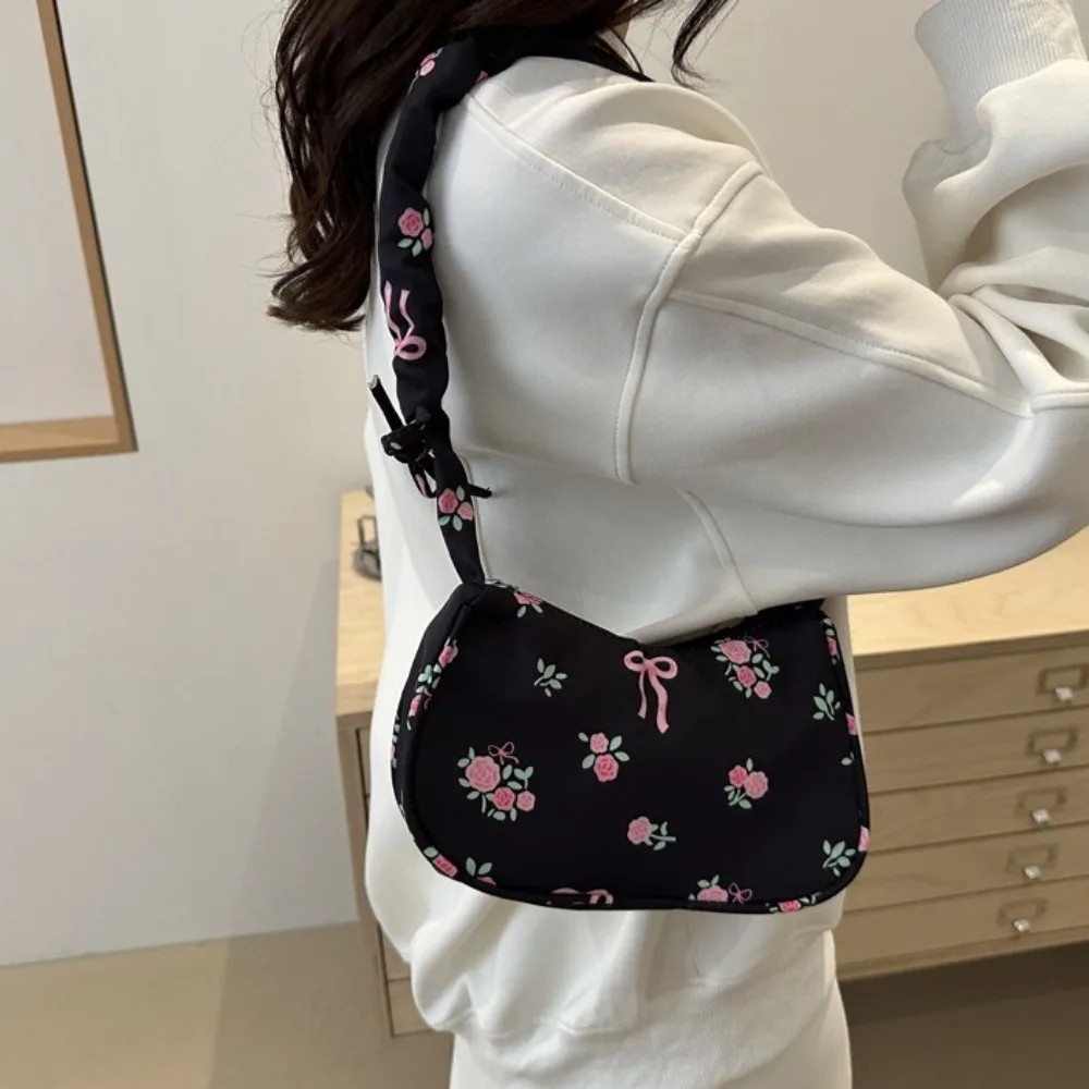 Fashion Ruched Flower Pleated Underarm Bag Bowknot Handle Nylon Handbag Trendy Sweet Floral Shoulder Bag Woman