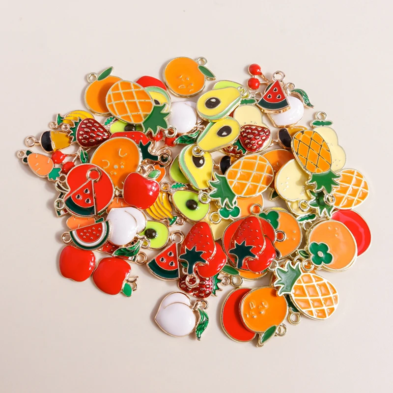 Leslie 10pcs Cute Enamel Fruits Charms for Earring Apple Strawberry Watermelon Pineapple Cherry Charm Pendant for Jewelry Making