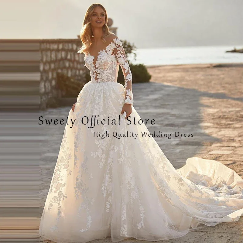 Elegant Wedding Dress Embroidered Lace On Net With A-Line Ball Gown O-Neck Full Sleeve Bride Dress Customized Vestido De Novia