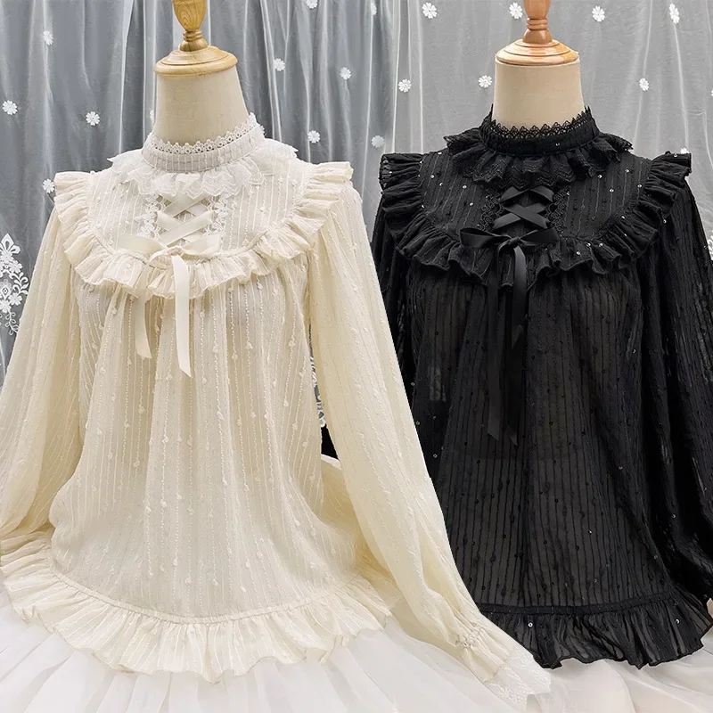 

NONSAR Victorian Vintage Lolita Blouse Women Elegant Sweet High Collar Ruffles Lace Bandage Tops Gothic Long Sleeves Loose Shirt