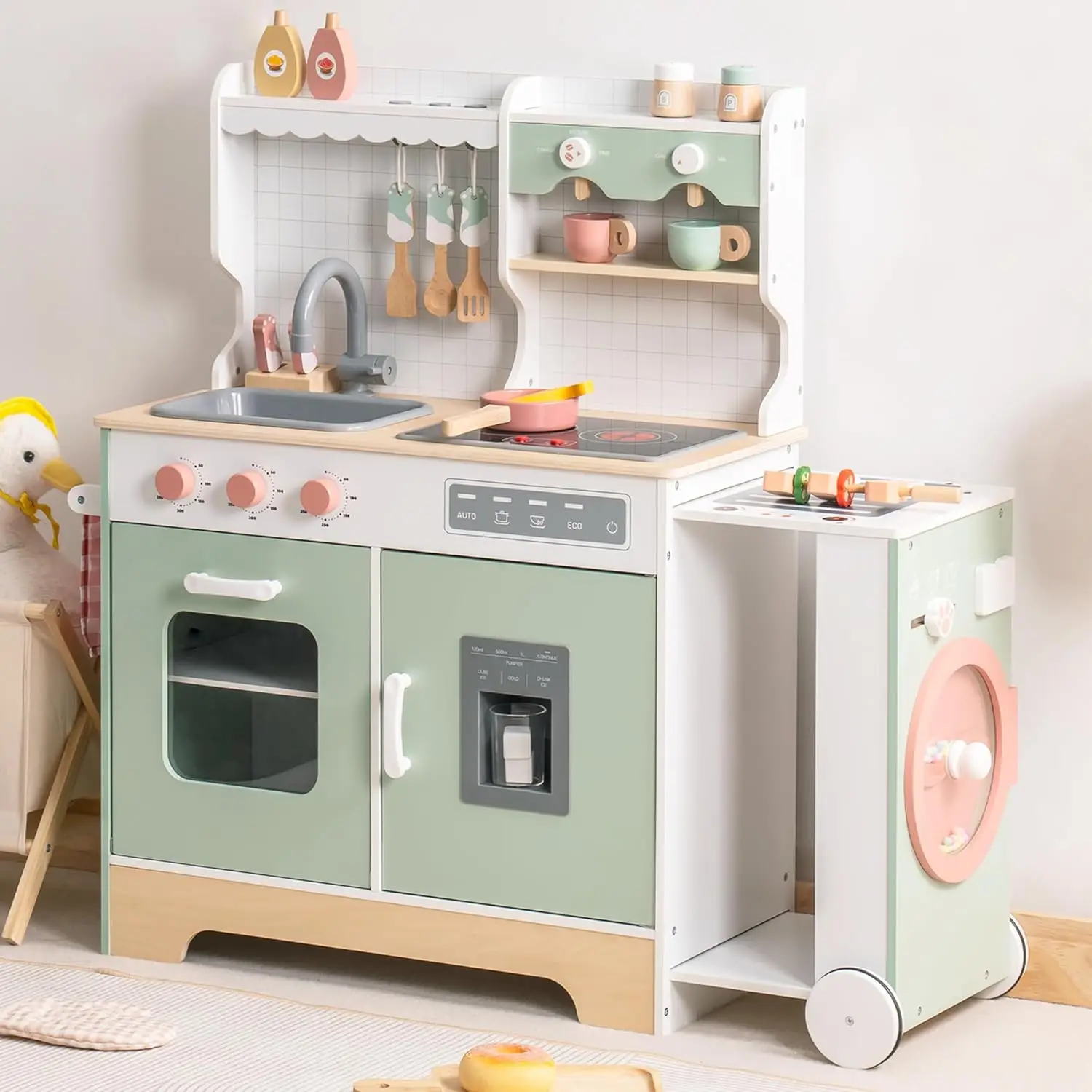 Wooden Play Kitchen Set for Kids Toddlers, Pretend Kitchen Playset with BBQ Grill, Ice Maker, Coffee Machine, and Accessories, T