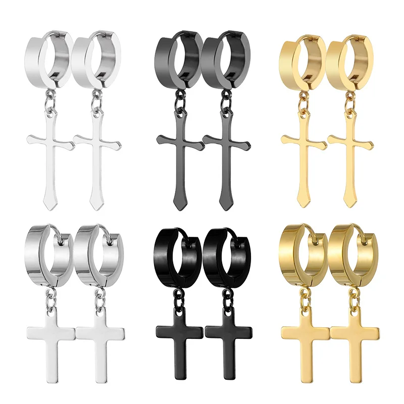 1 Pairs of Cross Earrings Dangle Hinged Men Earrings Stainless Steel Cross hoop Earrings for Men and Women