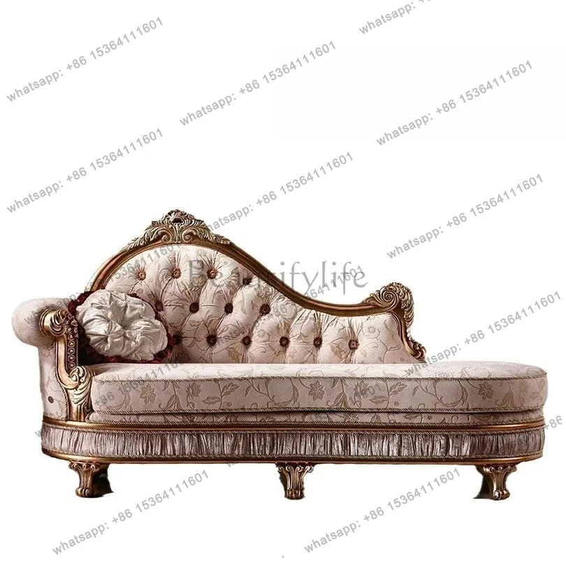 European neoclassical concubine chair bedroom French pure handmade solid wood carving flower fabric pull button concubine chair