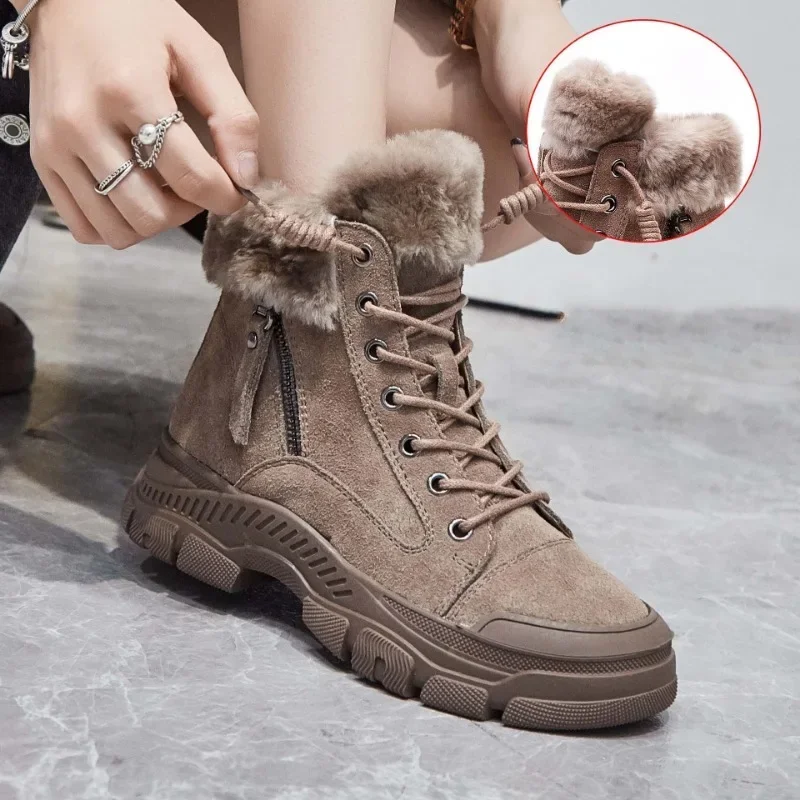 High quality Genuine Leather Boots Spring Autumn Chimney Fashion Ankle Booties Moccasins Winter Plush Platform Wedge Women Shoes