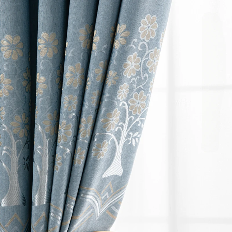 Custom Size 80% Blackout European Embroidery Luxury Blue Curtains for Living Room Bedroom Dining Window Decor Slub Cotton Tree