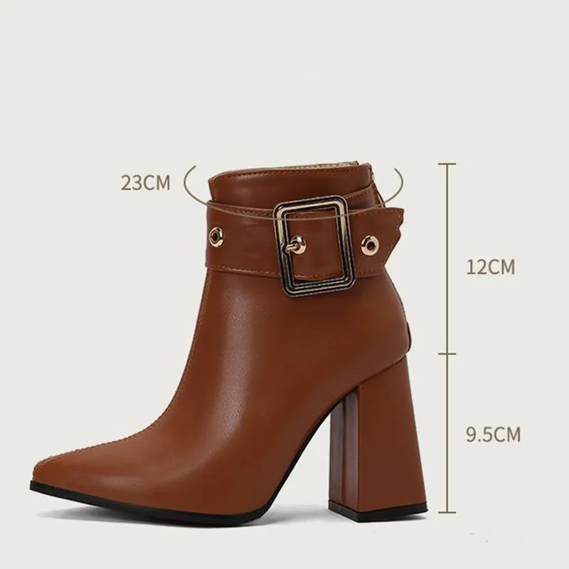 

ORCHA LISA Mature Female Ankle Boots Pointed Toe Chunky High Heels 9.5cm Zipper Belt Buckle Large Size 48 49 50 Office Lady Bota