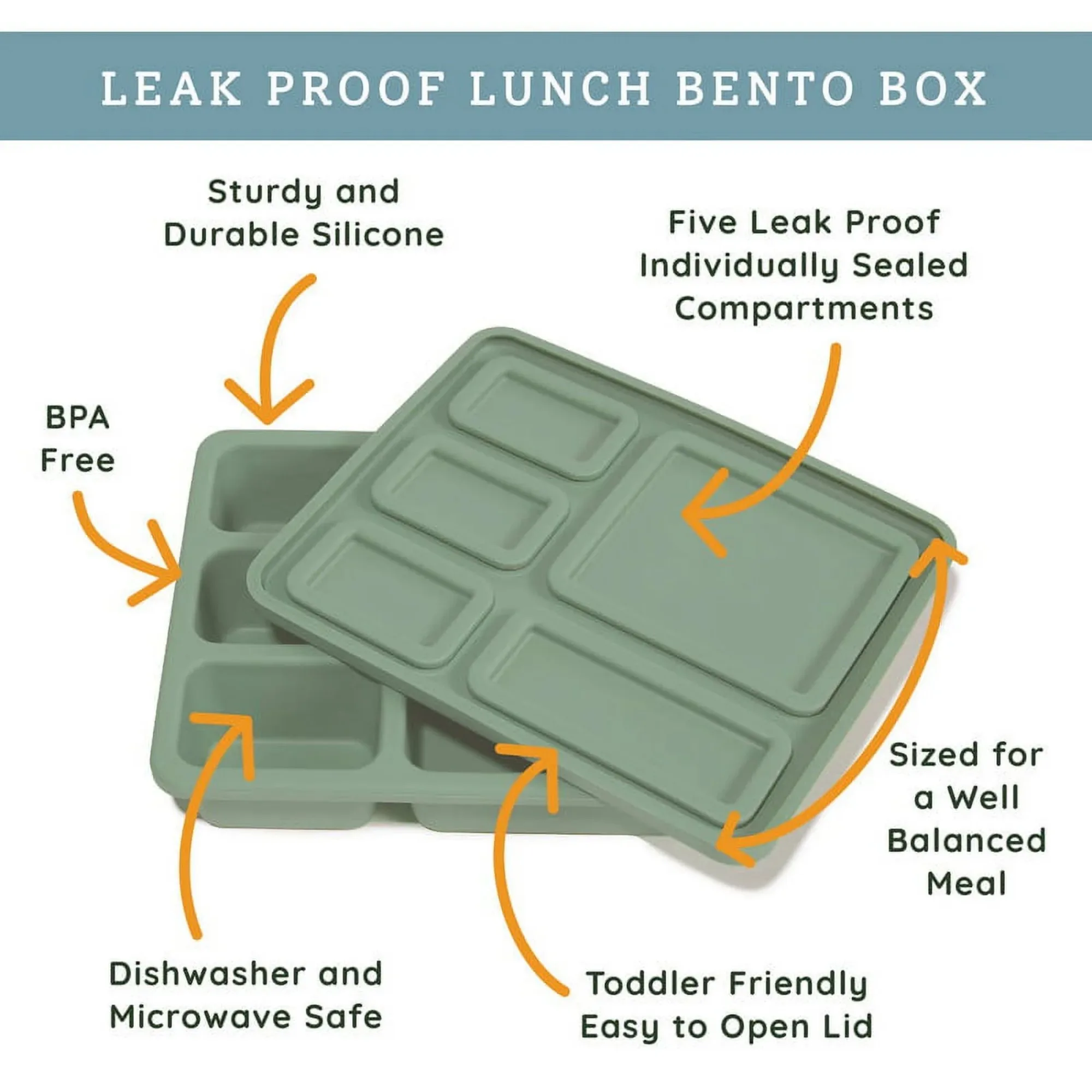 Lancheira Bento para crianças e crianças – Recipiente de almoço de silicone com 5 compartimentos à prova de vazamentos – Materiais seguros para alimentos, resistente