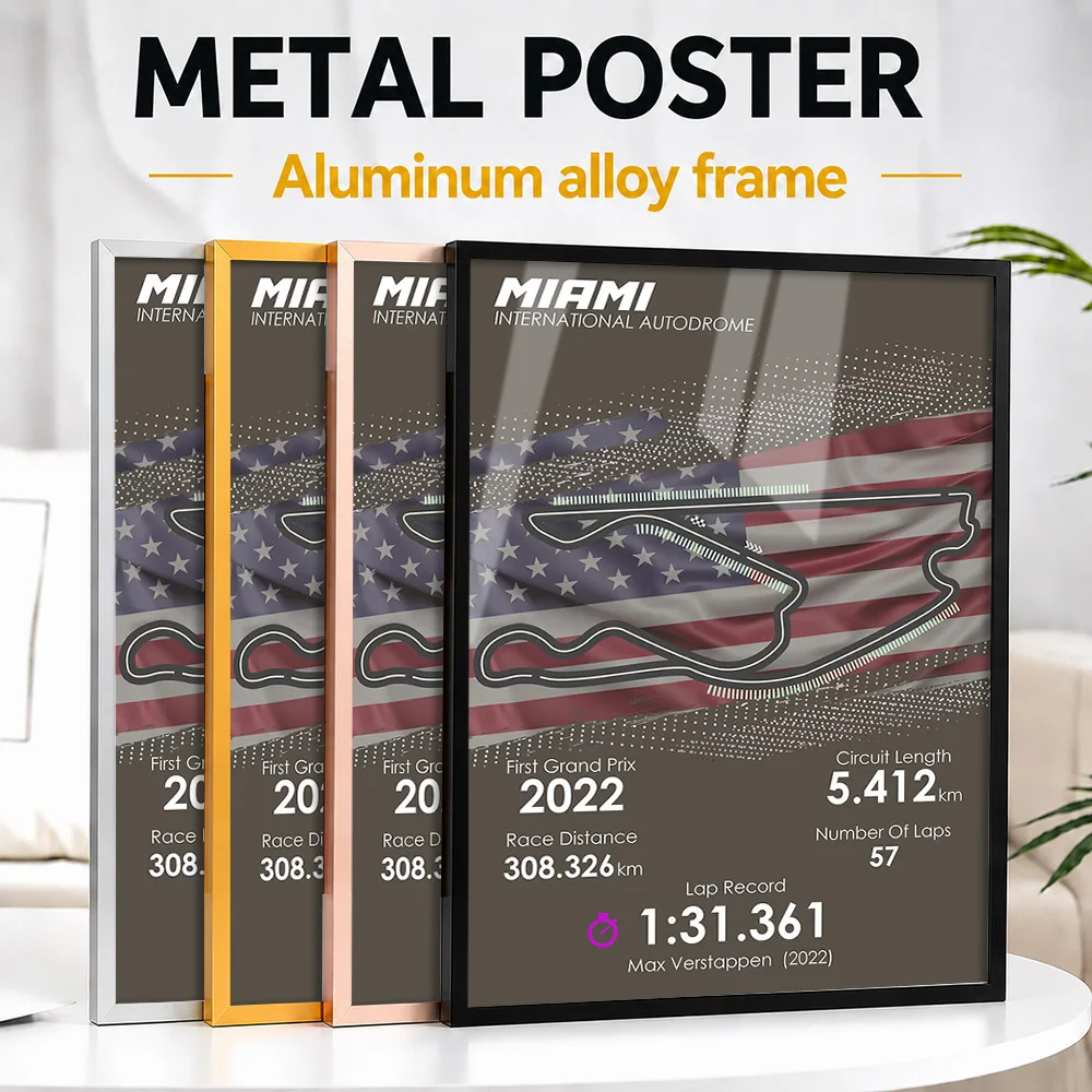 Formula Racing Miami Circuit Metal Poster With Aluminum Alloy Frame Personalized Photo Bold Pit Lane Style Wall Art For Garage