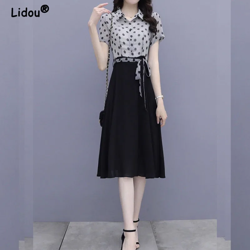 Polo-Neck Chiffon Dress for Women, Polka Dot Printing, Waist Lacing, A-Line Dresses, Elegant Fashion, Korean Chic, New, 2024