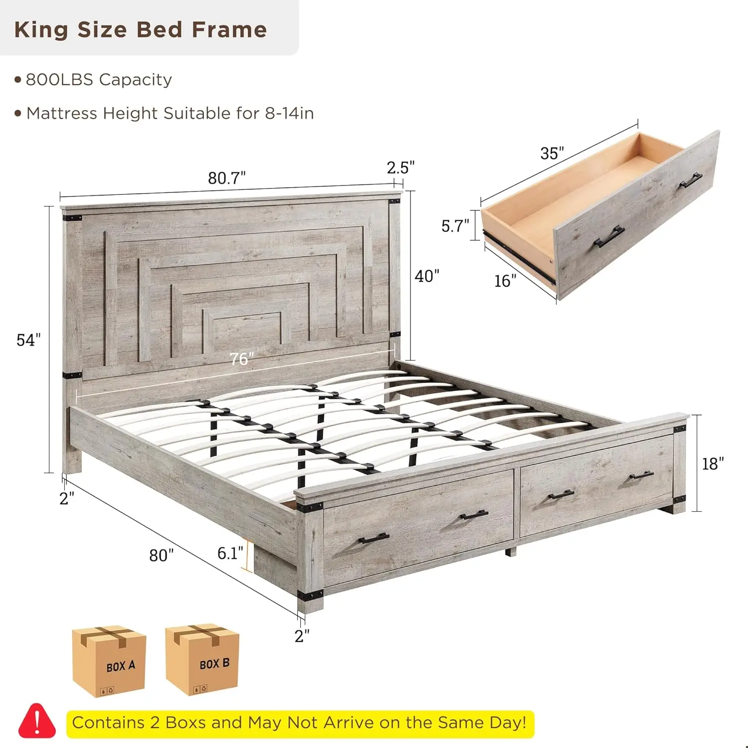 RedLemon Farmhouse King Size Wood Bed Frame with 54