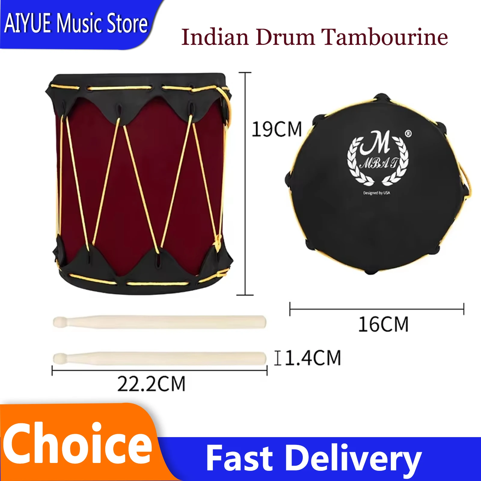 M MBAT Indian Hand Drum Tambourine Rubber Skin With Lanyard Portable Durable Percussion Instrument Comes With Drumsticks
