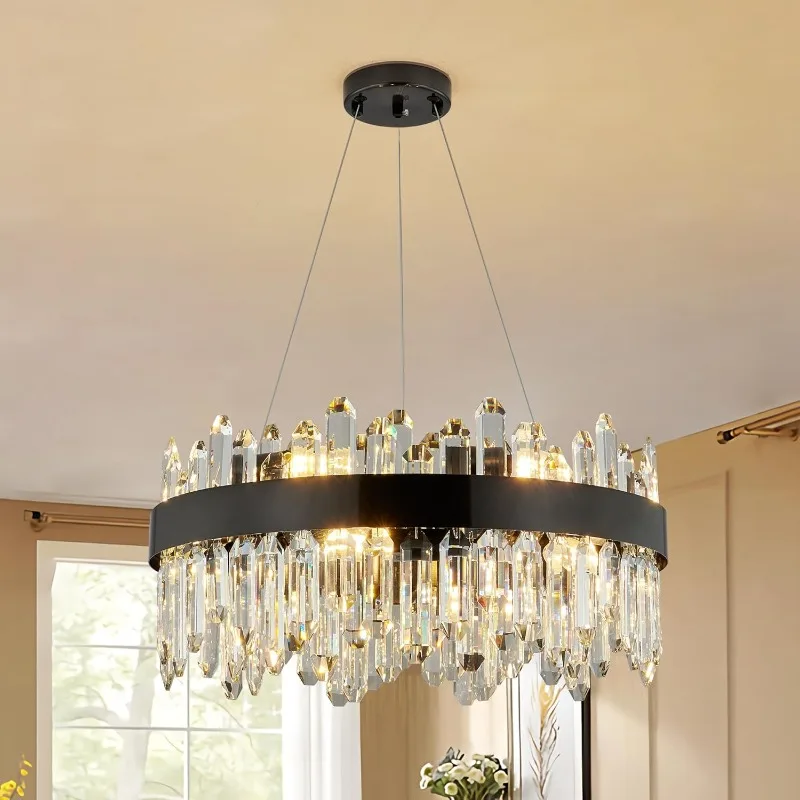 WABON Crystal Chandeliers Black Modern Chandelier, Dimmable Hanging Pendant Lighting 12 Light Round Chandelier