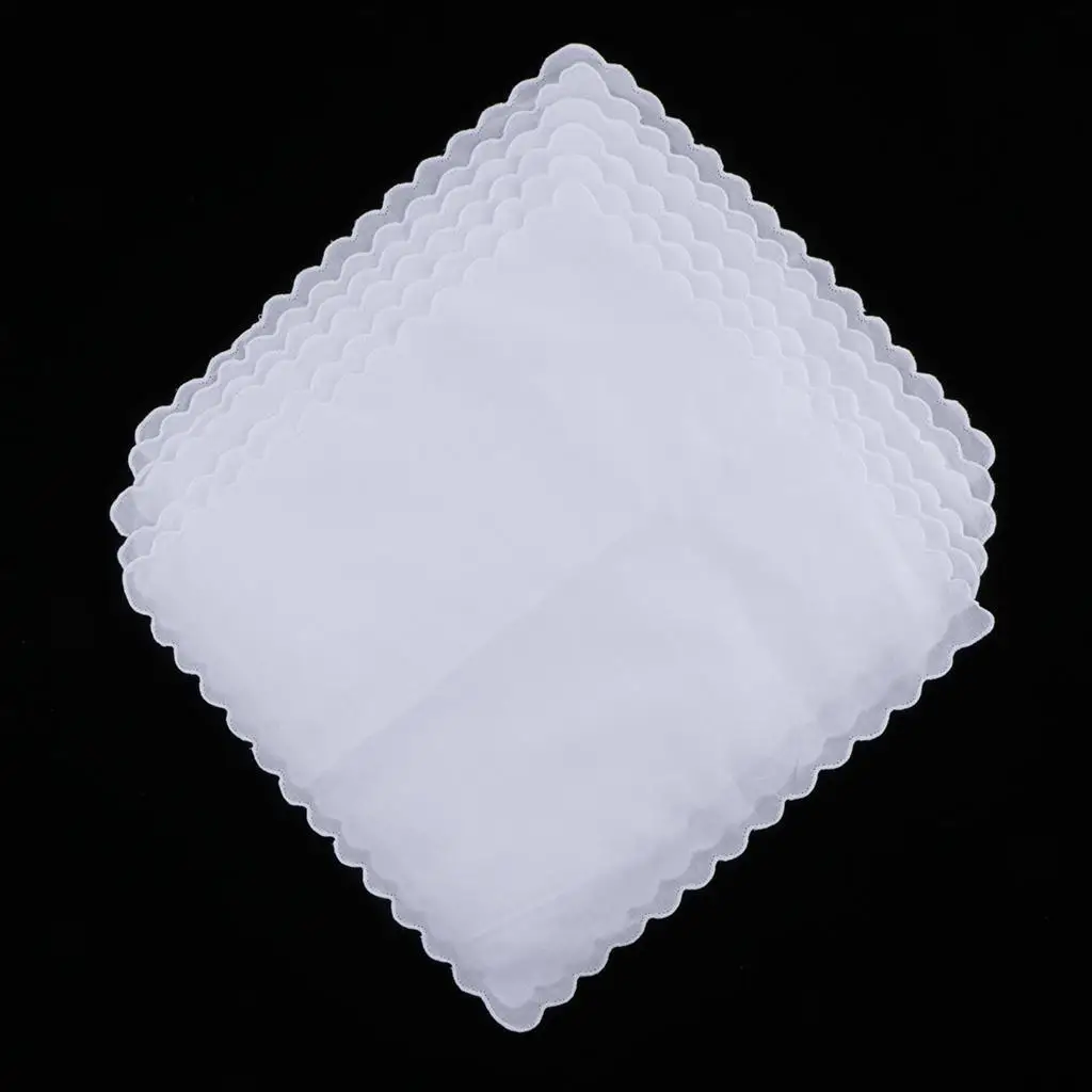 6x Cotton Solid White Handkerchief Hankies Square DIY Wave Edge