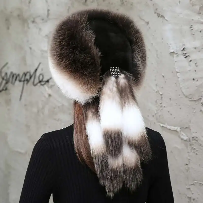 Fox Fur Hat For Women Winter Fashion Warm Ear Protection Genuine Fur Princess Hat Keep Warm Thickened Caps Russian Bomber Hats