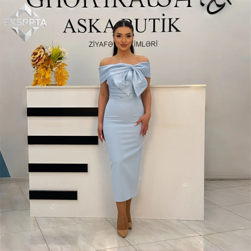 Wholesale Short Baby Blue Prom Dresses Straight Off The Shoulder Big Bow Satin Wedding Party Women Gowns Dropshipping