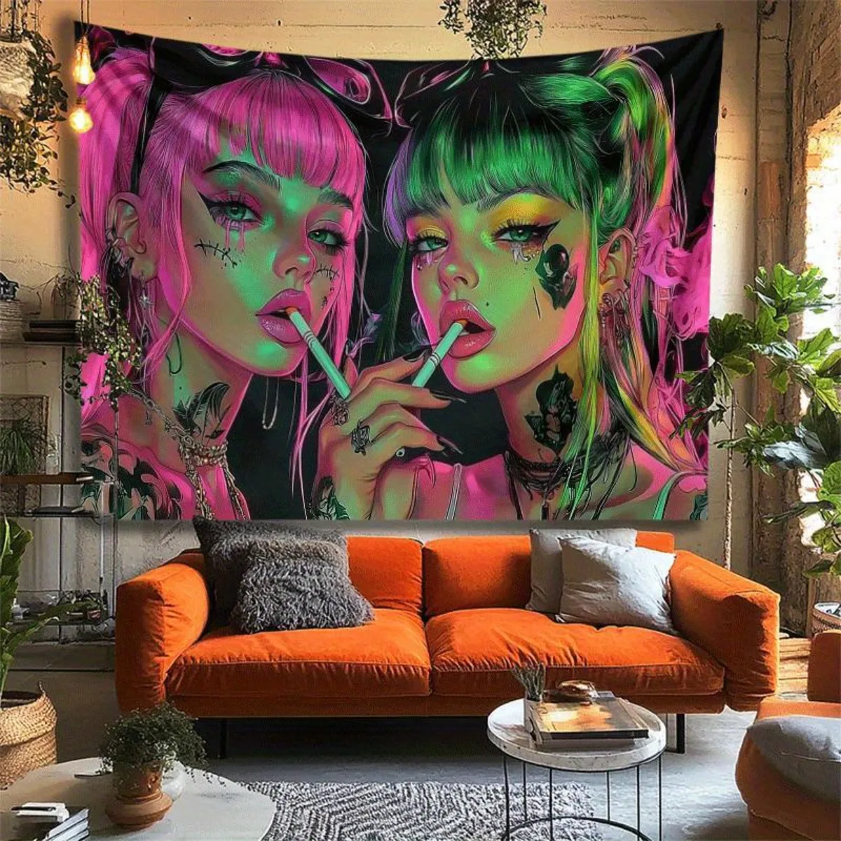 VIKAMA Cyberpunk Neon Dual Female Protagonists Tapestry Living Room Sofa Backdrop Wall Art Room Decor