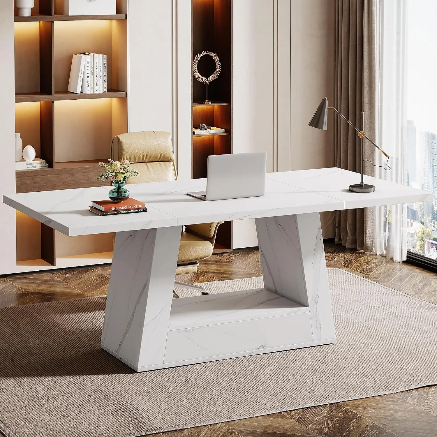 Modern Computer Desk 63-Inch Office Workstation Study Table Sturdy Base Faux Marble Writing Home Office, Customized