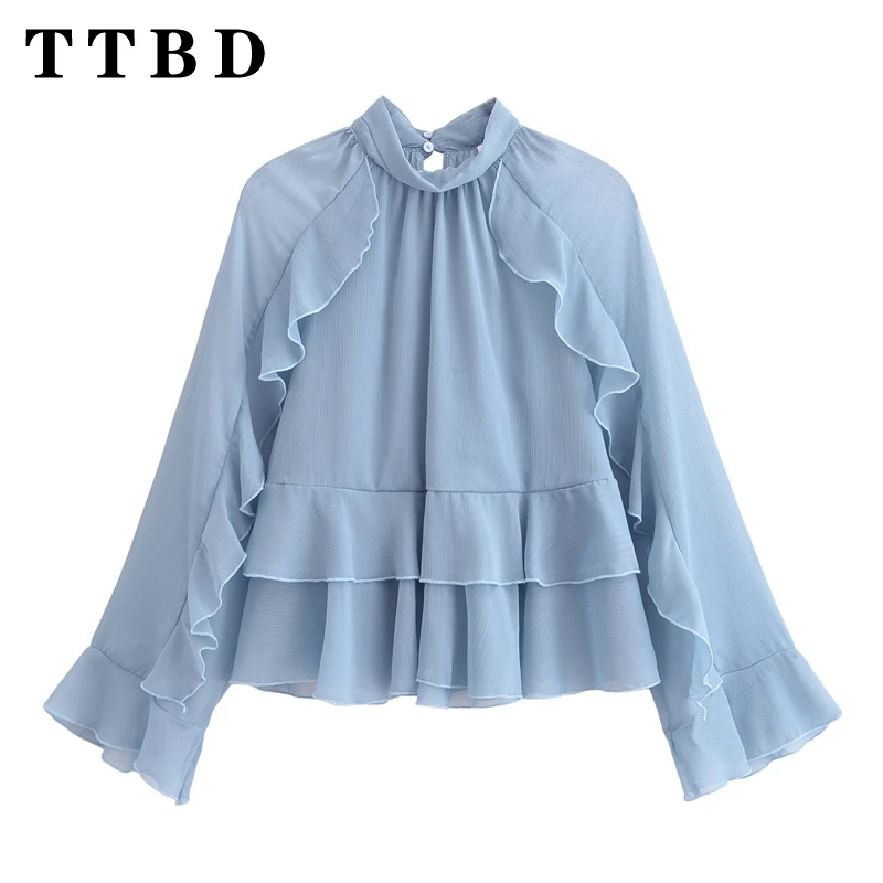 TTBD 2024 Autumn New Woman's Evening Party Stand Collar Top Shirt Hipster Woman Button back Long Sleeve Ruched Regular Fit Thin