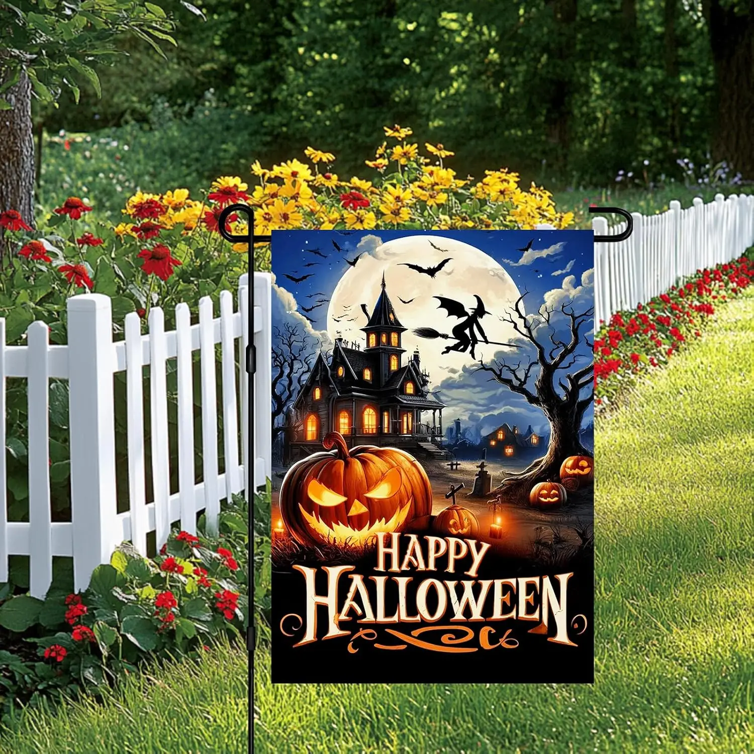 BlissYard Happy Halloween Garden Flag Haunted House Flag 12x18 Inch Witch Flying Pumpkin Bats Moon Spooky Outdoor Yard Decor WWP