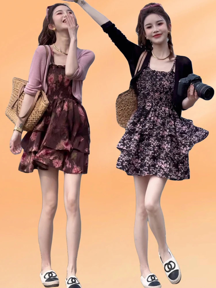 Faionable طباعة الأزهار ort Strapl Dr المرأة التخسيس صيف 2024 النسخة الكورية الجديدة تجمع الخصر لينة النسيج...