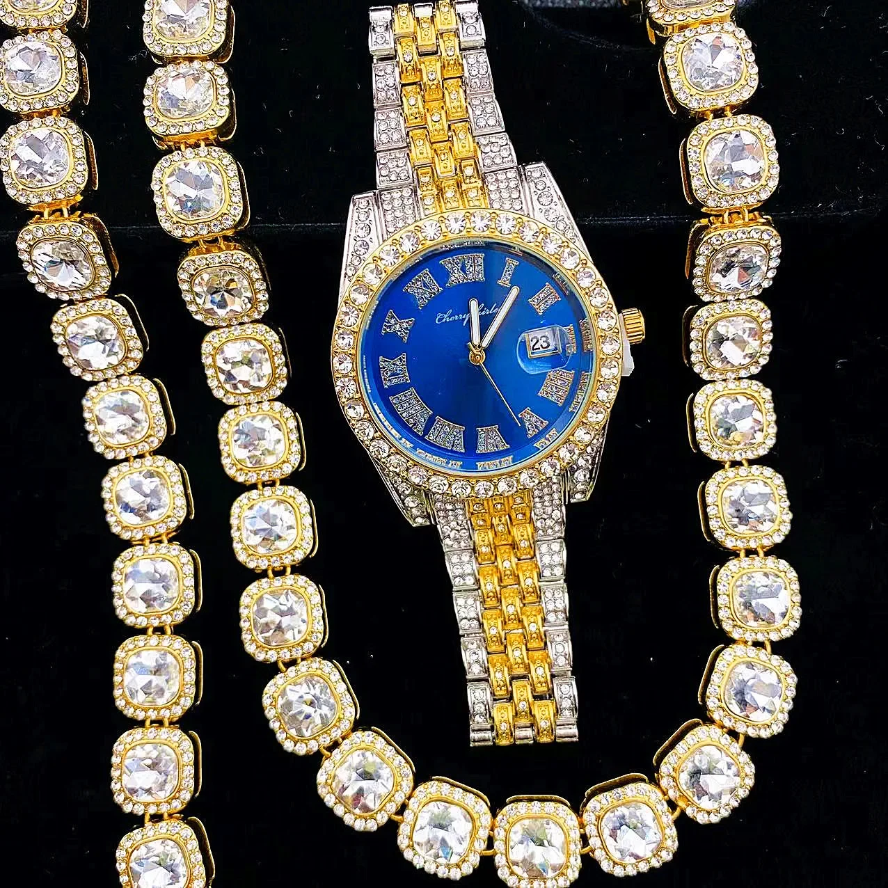 

3 шт., часы Full Iced Out, мужские золотые кубинские теннисные звенья, браслет-цепочка, ожерелье, блестящее женское и мужское ювелирное изделие в стиле хип-хоп, мужской комплект часов