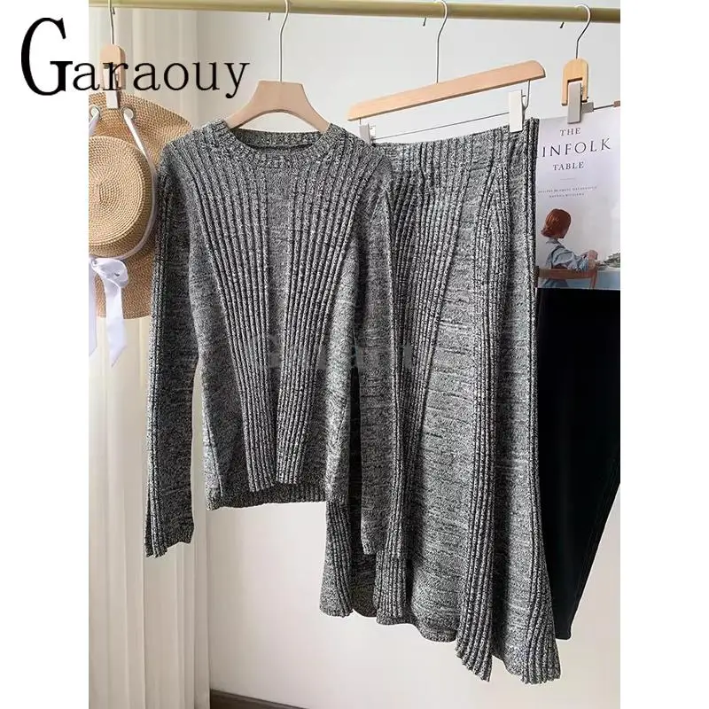 Garaouy 2024 Spring Women Elastic O Neck Flare Sleeve Knit Pullover + High Waist Midi Fishtail Skirt Female Elegant Slim Sweater