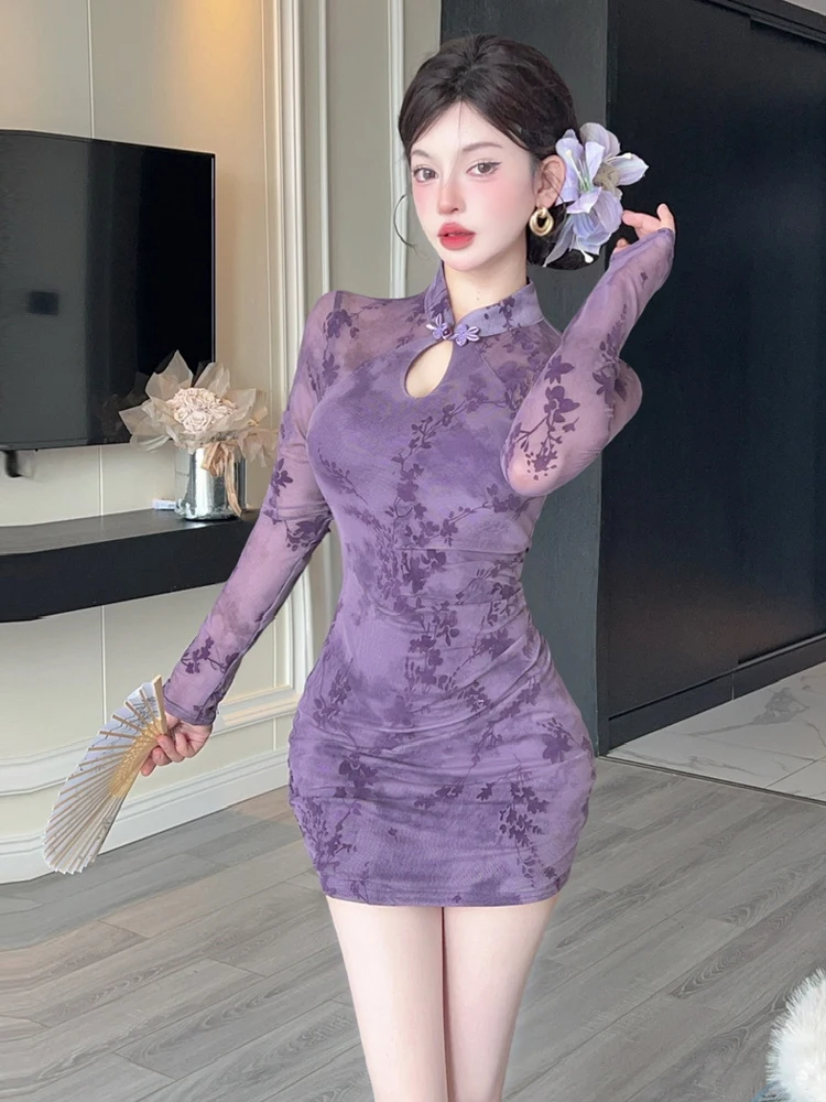 

Sweet Spicy Girl Me Прозрачный принт Long Sve Dr Ретро Сексуальная облегающая юбка в китайском стиле H-образной формы Dr