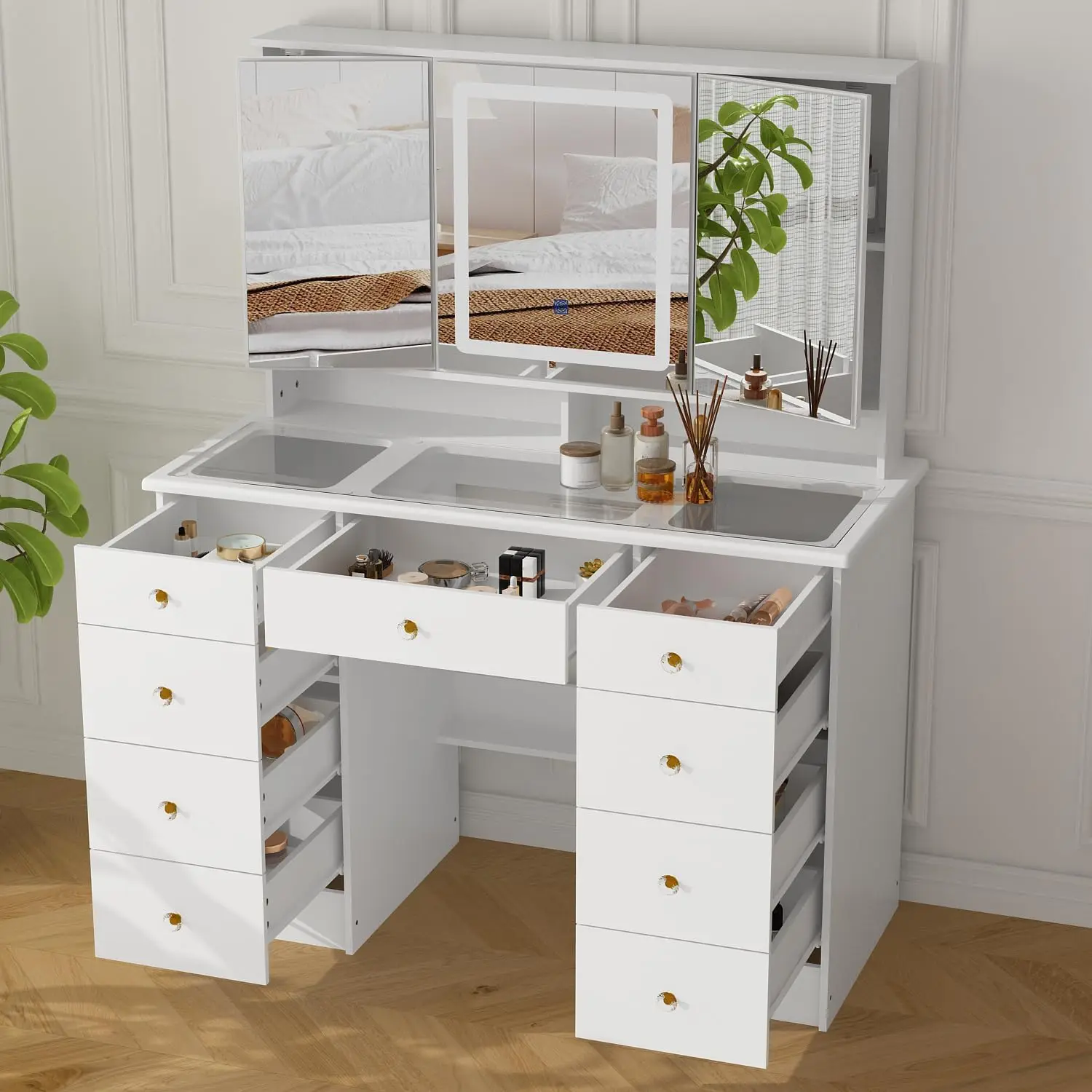 Vanity Desk with Trifold Mirrors & LED Light,Large Makeup Vanity with Glass Top,9 Drawers & Shelves,Mirrored Doors in 3 Colors