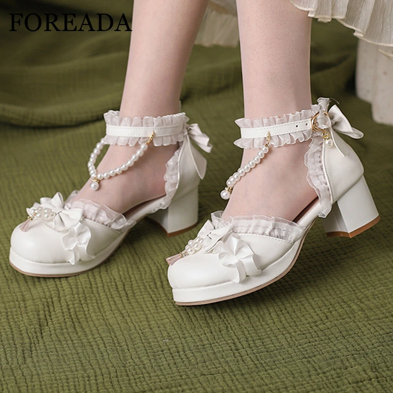 

FOREADA Women Kawaii Ankle Strap Lolita Pumps Round Toe Platform Thick Mid Heel Buckle Bow Bead Cosplay Lady Shoes Spring Autumn