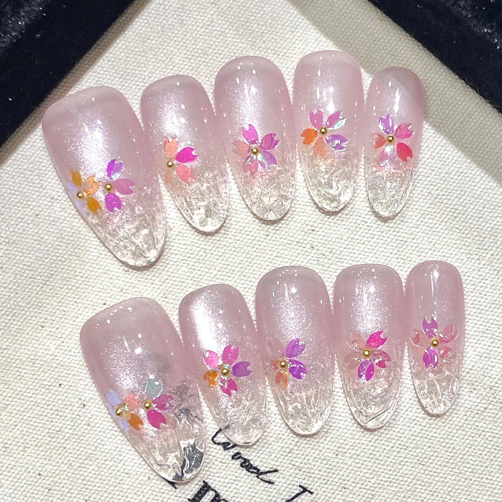 

Handmade Blush Pink False Nails Cat's Eye Almond Press On Nail With Aurora Cherry Designs French Style Wearable Manicure Art