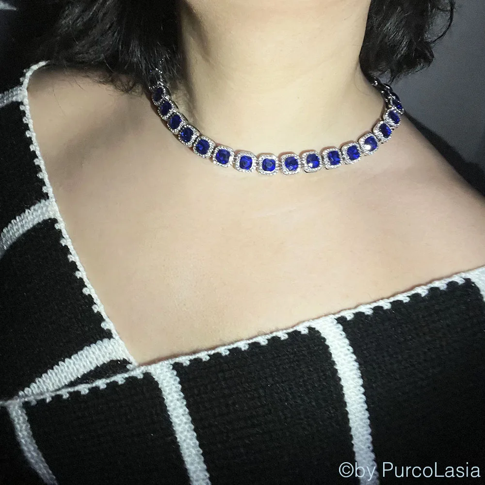 Fashion Luxury Royal Blue Women Men Tennis Cuban Chain Necklace Link Hip Hop Square Bling AAA Rhinestone Glass Jewelry