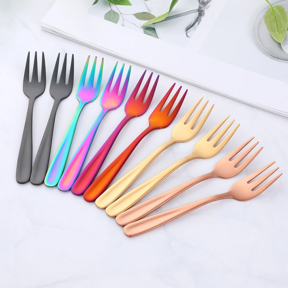 

2PCS Fruit Fork 18/10 Stainless Steel Cake Forks For Dessert Red Small Tea Fork Rainbow Dessert Fork For Snack Dinnerware Set