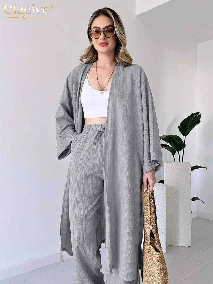 

Clacive Fashion Loose Gray 2 Pieces Set For Woman Elegant Long Sleeve Robes With High Waist Wide Pants Set Female Streetwear