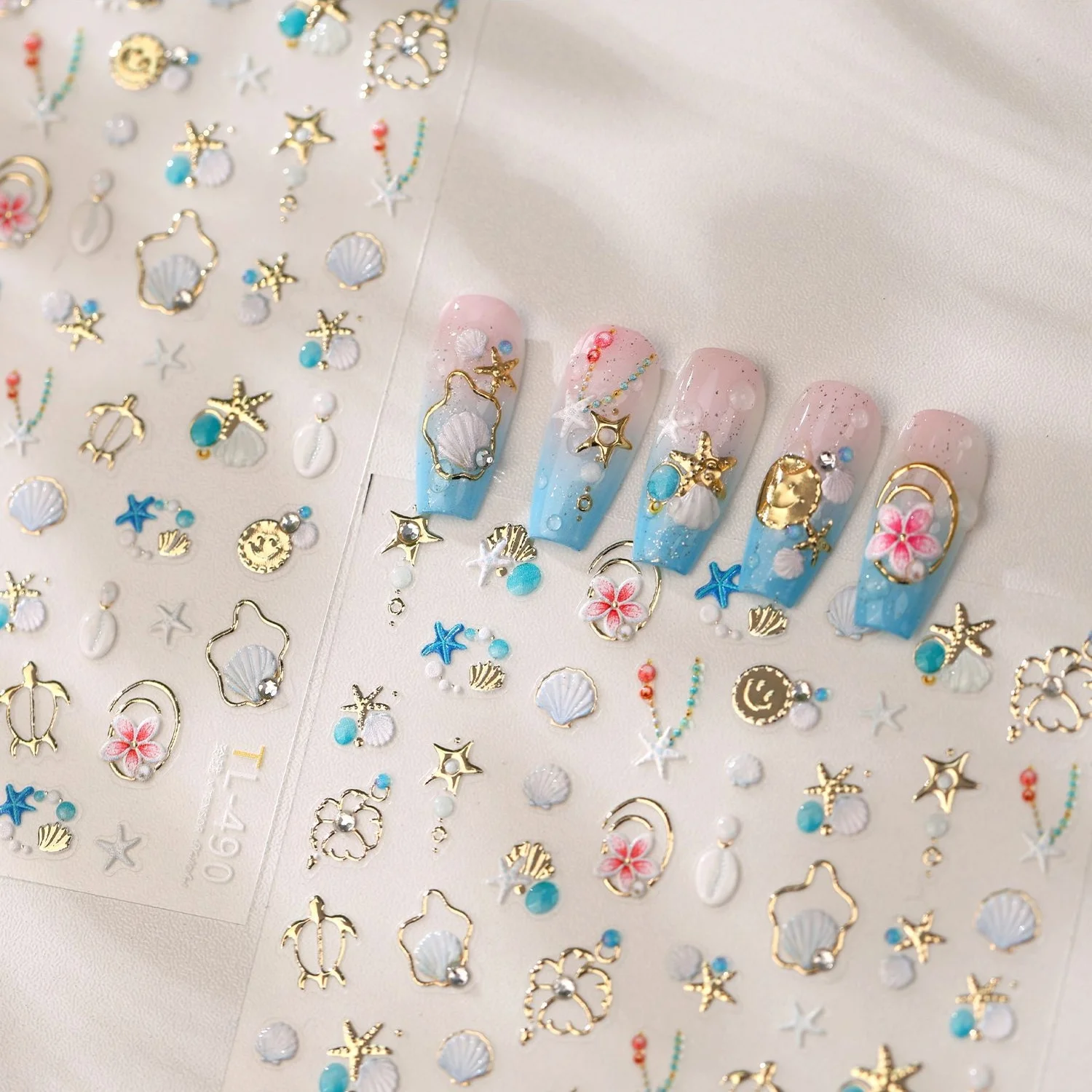 Ocean Turtle Shell Starfish 5D Nail Art Sticker Hibiscus Flower Pearl Chain Metal Ring Bead Self Adhesive Decals Summer Holiday