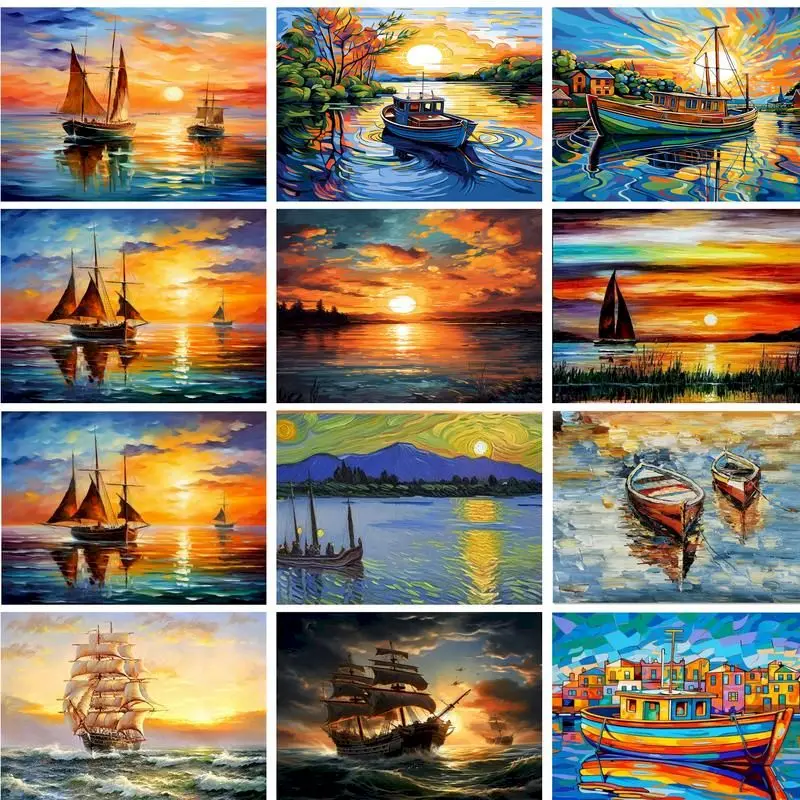 GATYZTORY Oil Painting Sunset and Sea View Drawing On Canvas HandPainted Art Gift DIY Pictures By Number Kits Home Decoration