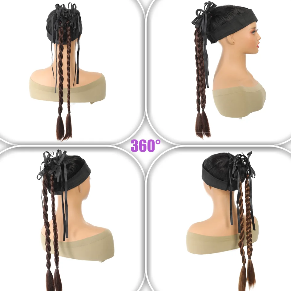 Synthetic women's 20 inch black bow ribbon clip ponytail, straight hair, black/brown ponytail, suitable for daily use