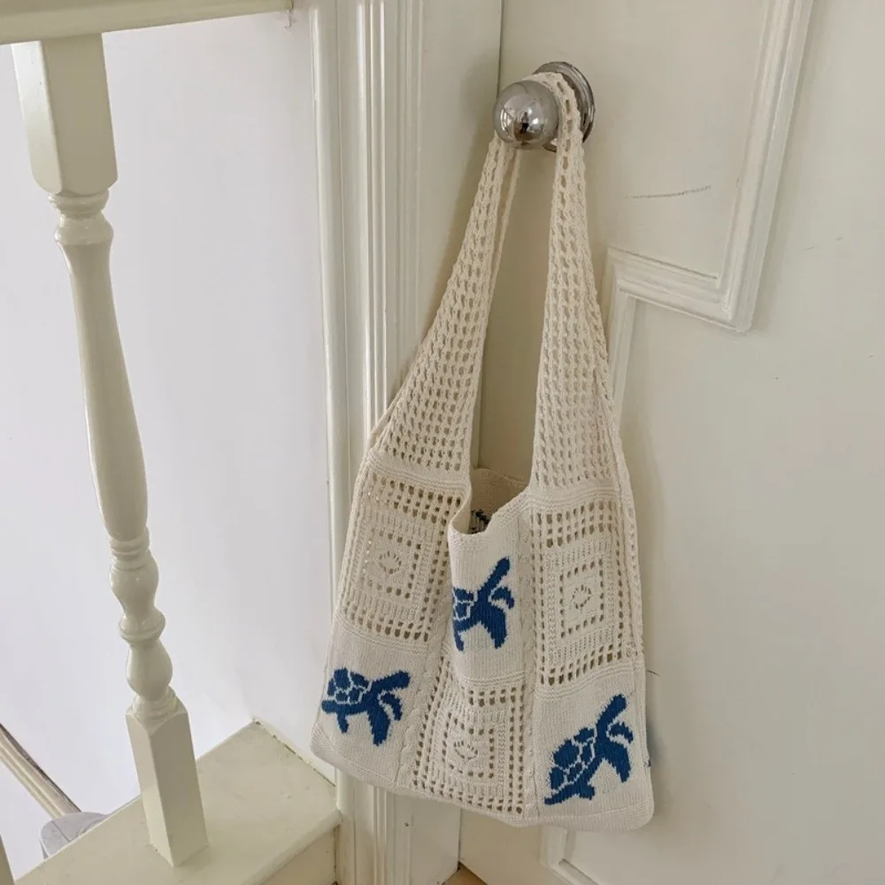 

Large Capacity Crochet Tote Bag Embroidered Korean Style Hollow Woven Bag Cotton Lightweight Knitting Handbag Spring