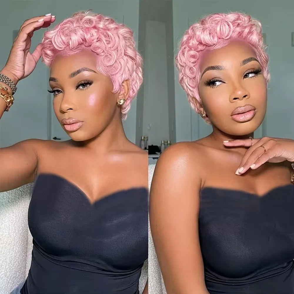 

Элегантный розовый кудрявый парик-пикси для женщин, парик из натуральных волос с глубокими свободными волнами, полностью машинной работы, очень модный