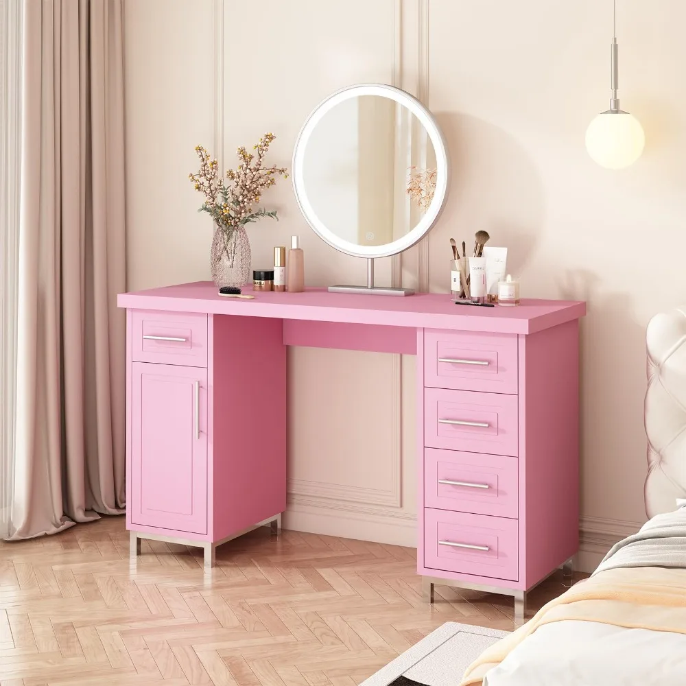Nail Tech Desk for Nail Tech, 43 Inch Pink Manicure Table with Storage, Nail Table with 5 Drawers and Cabinet, Manicure