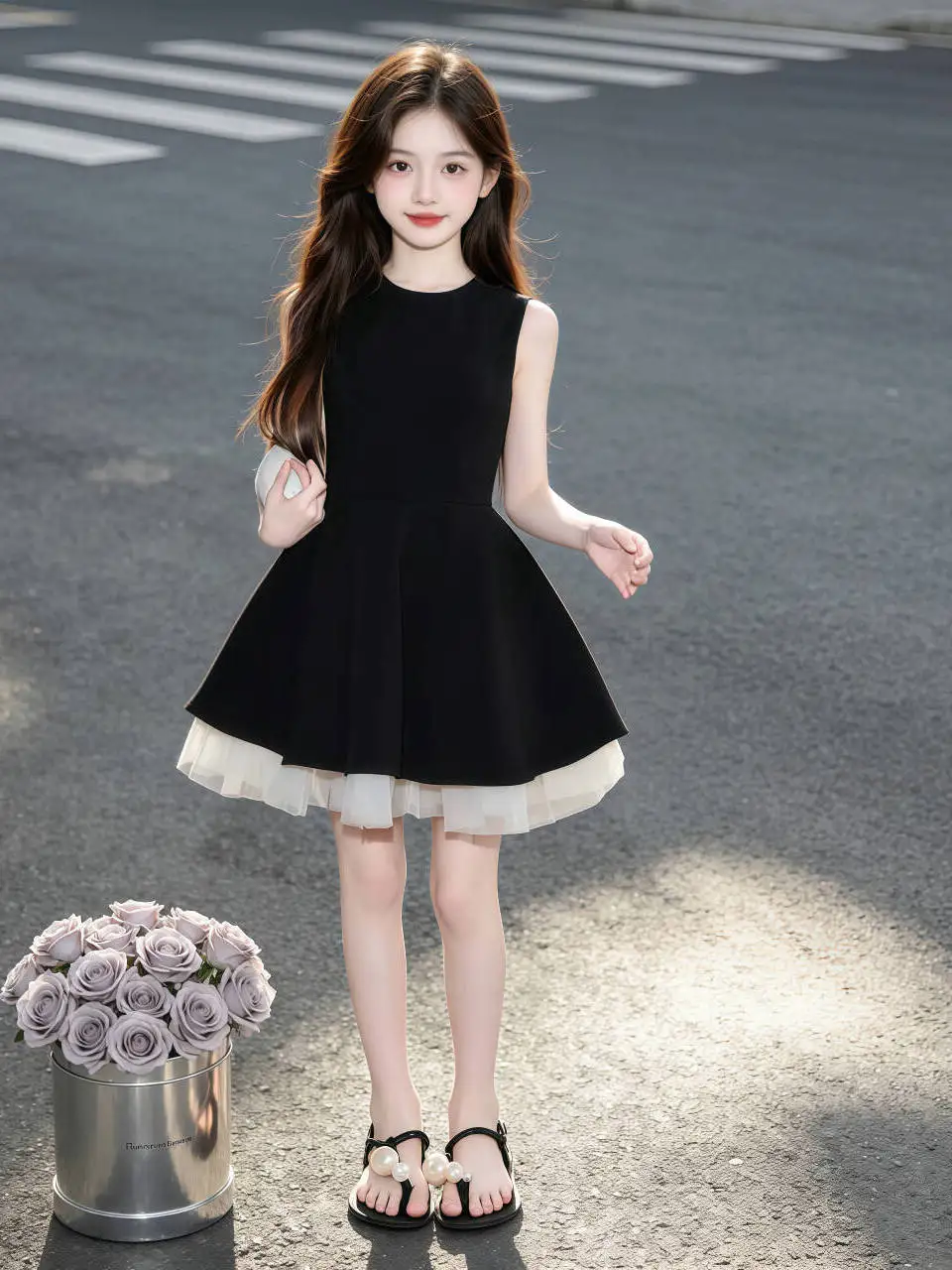 Girls Lace Collar Slim Fit Summer Dress Sleeveless Short Skirt High Waist Elegant Casual Pure Color Fabric Comfortable Machin...