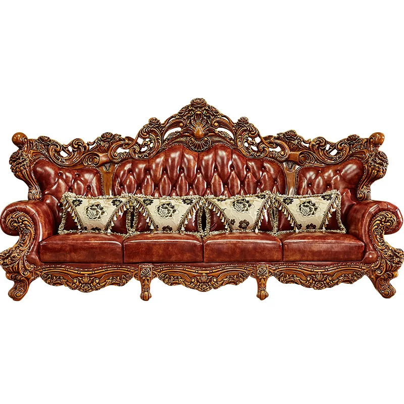 

Европейский кожаный диван из цельного дерева, комбинированная гостиная, французская воловья кожа, элитная роскошная мебель для виллы