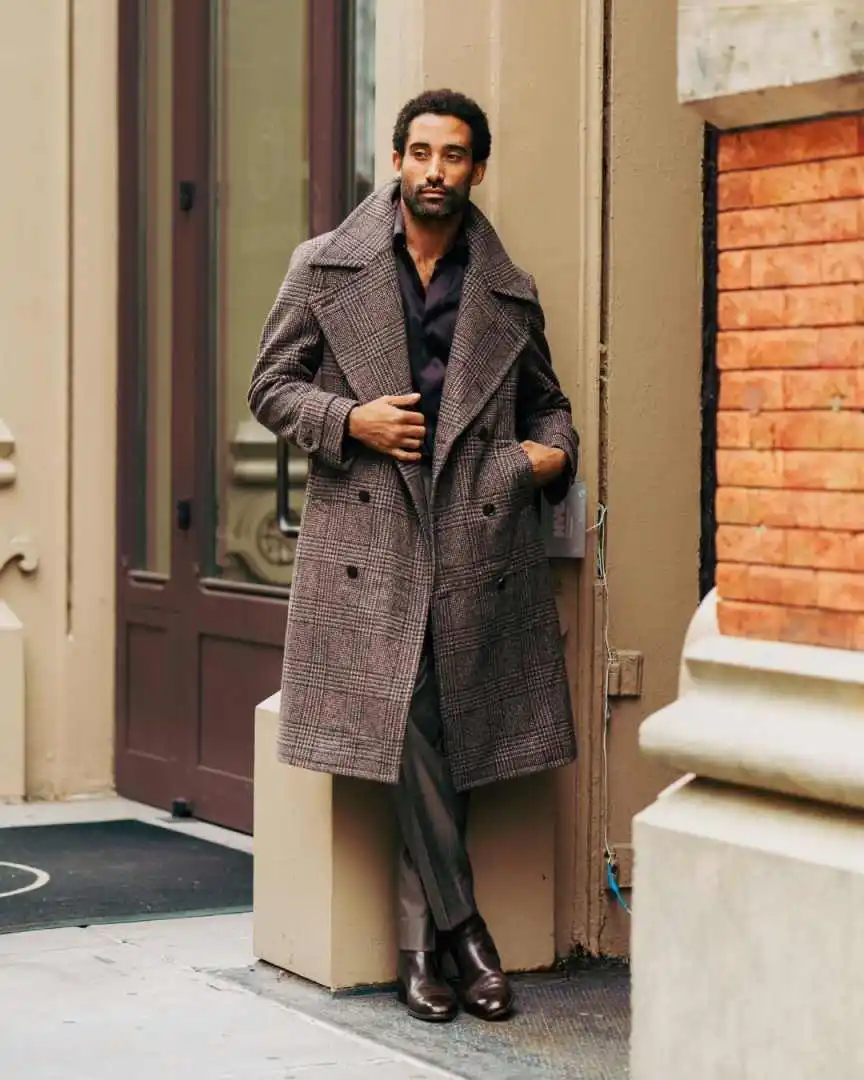 Vintage heren lange overjas dubbele rij knopen gekerfde revers jas blazers herfst winter op maat gemaakte jas uit één stuk