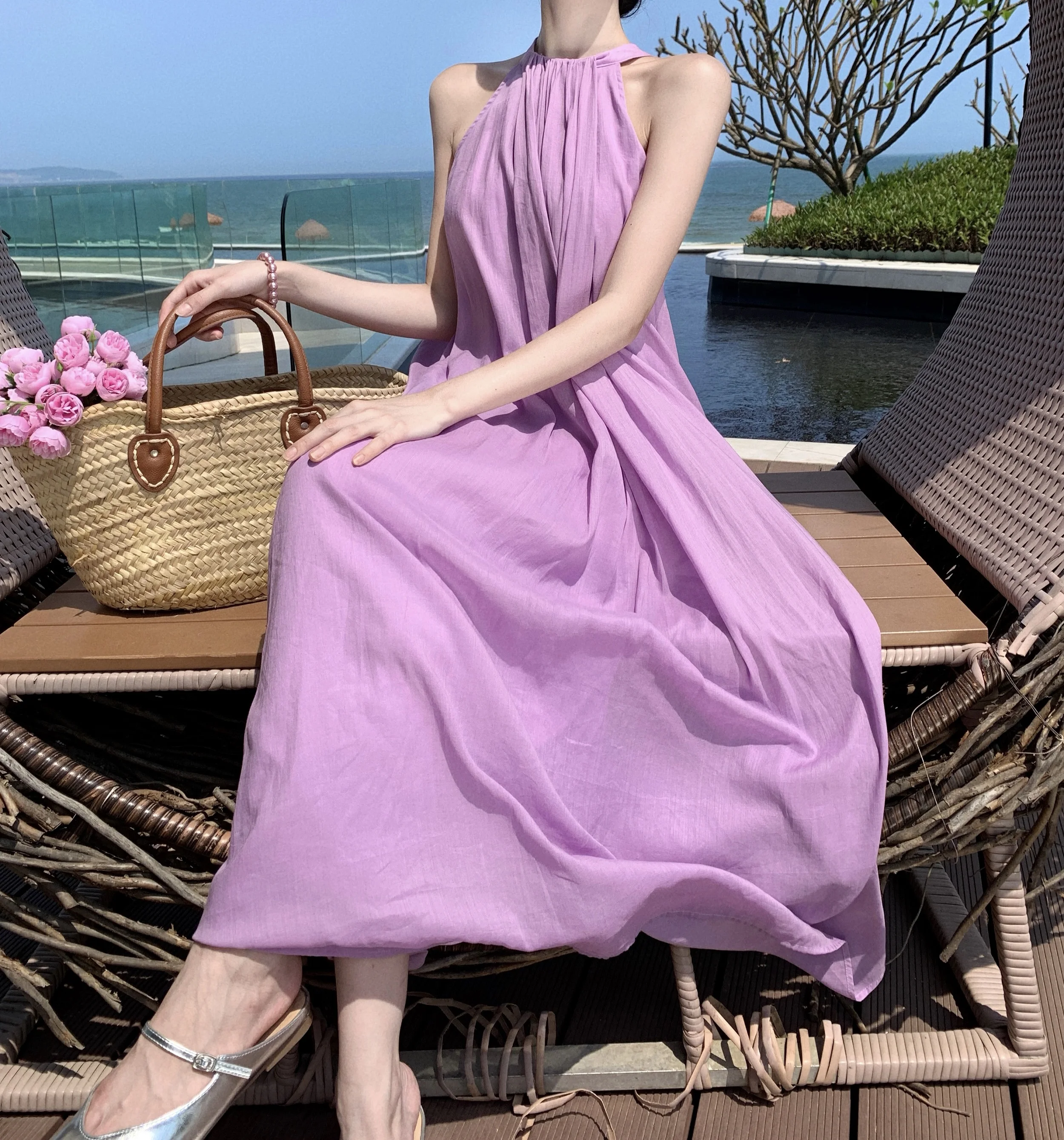 Elegant High Sense Skirts Purple Suspender Skirt Beach Seaside Vacation Dress Women Summer Sanya Travel Wear