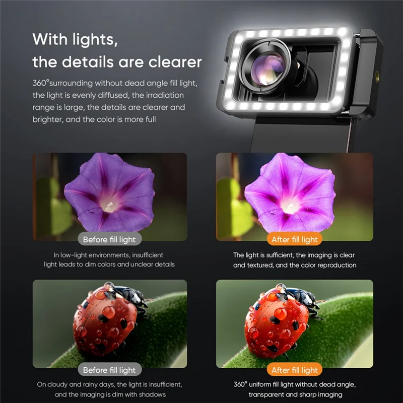 A32T-عدسة ماكرو جديدة 4K HD 100 مم مع ضوء ملء LED عدسات صغيرة بمشبك عالمي لهواتف iPhone جميع الهواتف الذكية