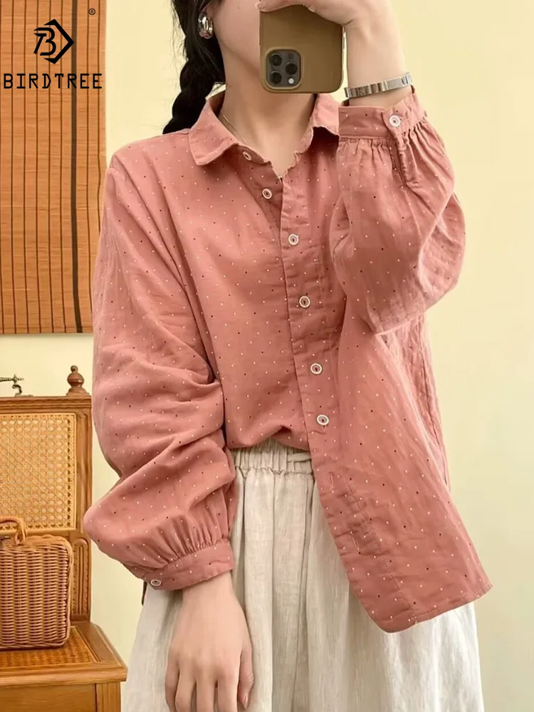 

New Spring Double Cotton Yarn Shirt Women Long Sleeve Dots Literature Top Girl Loose OL Commute Blouses 2024 Summer T44760QM