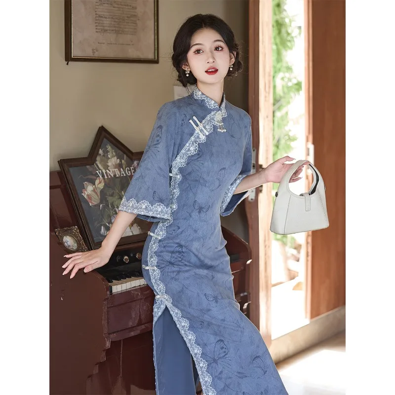 

Women New Chinese Dress Blue Cheongsam New Autumn Big Sleeves Young