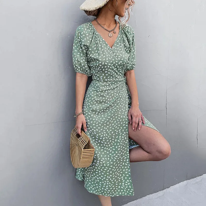 Casual Women Chiffon Dress V Neck Side Wrap Midi Dress Summer Polka Dot Dress Female Puff Sleeve Boho Fashion A-line Split Dress